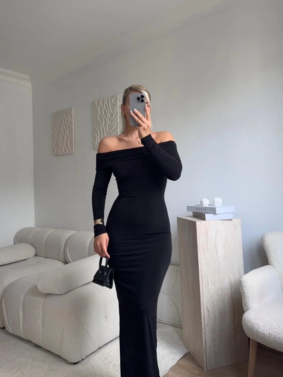 Madonna Yaka Yırtmaçlı Long Elbise - SİYAH