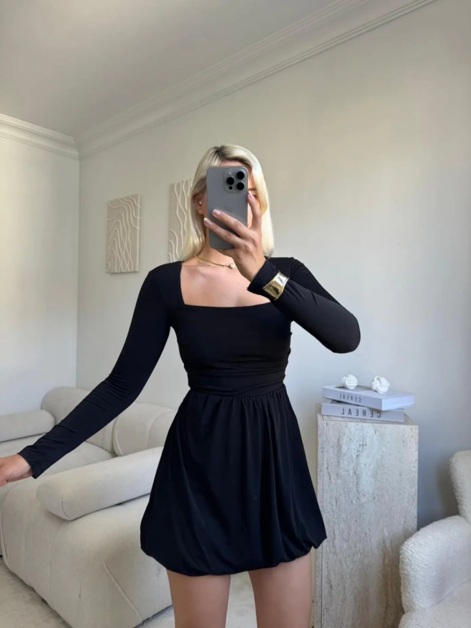 Kare Yaka Balon Etek Elbise - SİYAH